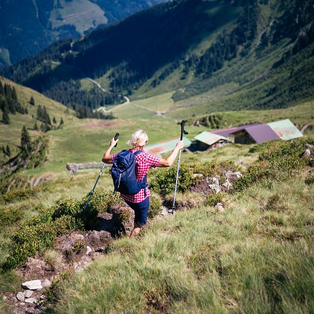 Kitzbüheler Alpen Hero wandelen Elke Henke tijdens de afdaling naar een alm in het Windautal c Daniel Gollner