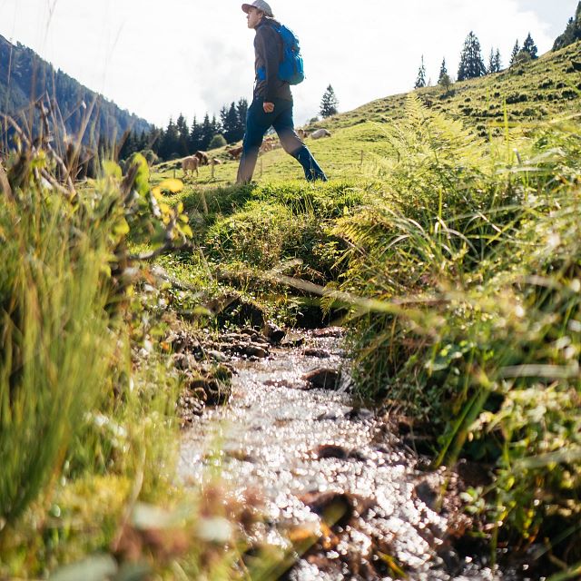Kitzbüheler Alpen Hero Wandern Nick Brandstätter wandert entlang eines kleinen Bachs im Brixental c Daniel Gollner
