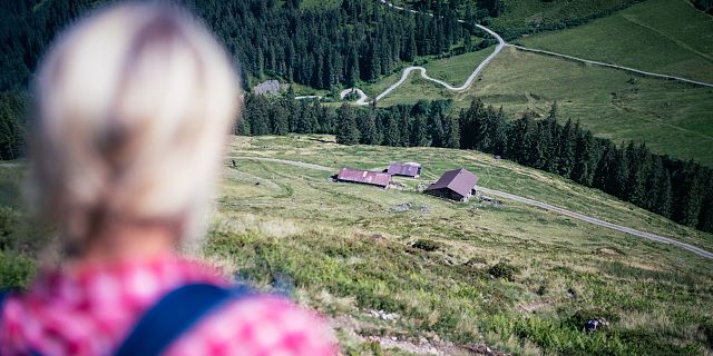 Kitzbüheler Alpen Hero wandelen Elke Henke kijkt op de Lärchenbergalm van Sepp Kahn in het Windautal c Daniel Gollner